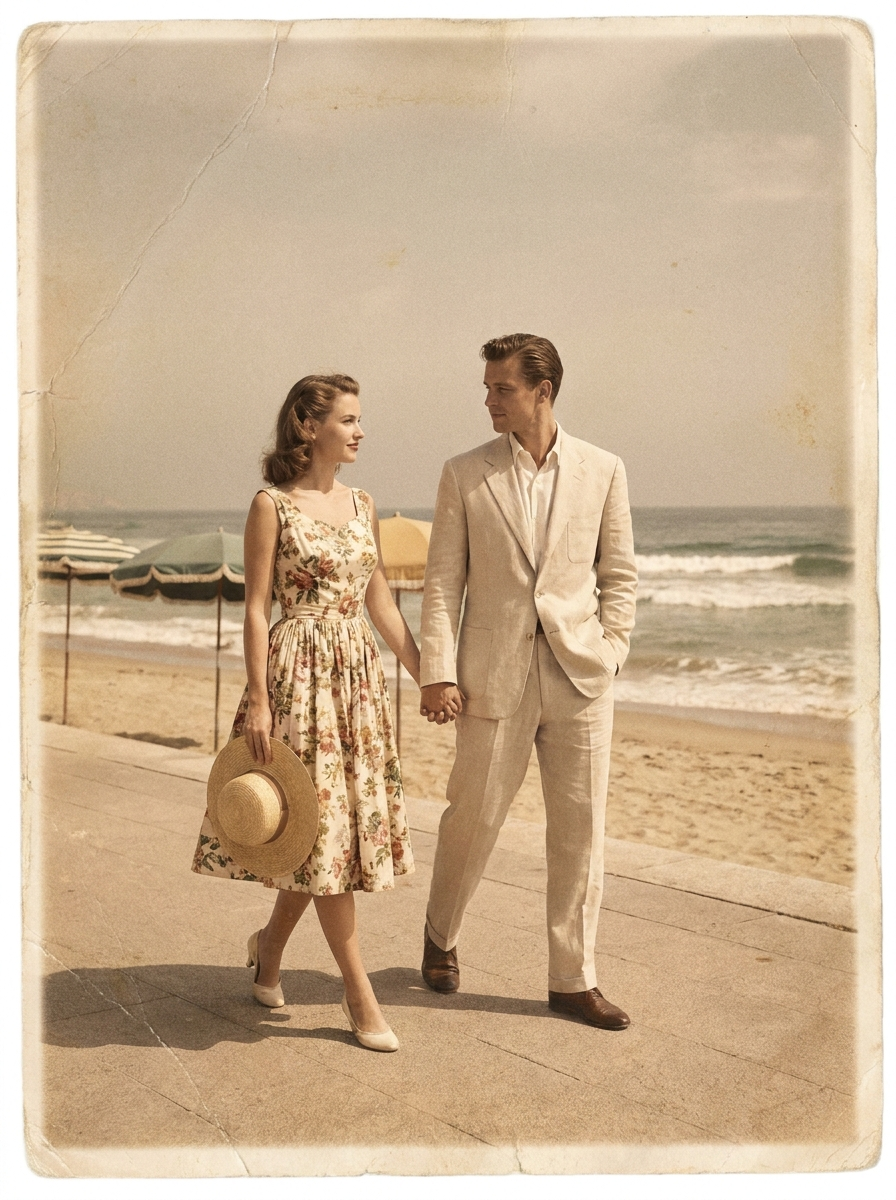 A 1950s couple strolling hand in hand along the seaside